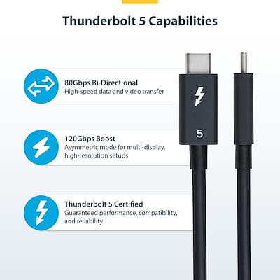 3ft (1m) Thunderbolt 5 Cable, 80Gbps/Up to 120Gbps, 240W PD, 8K 60Hz, Certified Thunderbolt Cable - Compatible w/Thunderbolt 4/USB4/USB-C - 2 3ft (1m) Thunderbolt 5 Cable, 80Gbps/Up to 120Gbps, 240W PD, 8K 60Hz, Certified Thunderbolt Cable - Compatible w/Thunderbolt 4/USB4/USB-C - 2