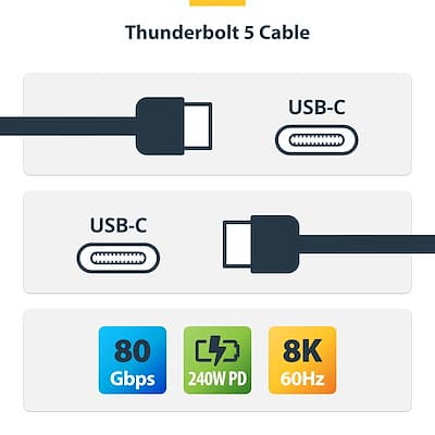 3ft (1m) Thunderbolt 5 Cable, 80Gbps/Up to 120Gbps, 240W PD, 8K 60Hz, Certified Thunderbolt Cable - Compatible w/Thunderbolt 4/USB4/USB-C - 4 3ft (1m) Thunderbolt 5 Cable, 80Gbps/Up to 120Gbps, 240W PD, 8K 60Hz, Certified Thunderbolt Cable - Compatible w/Thunderbolt 4/USB4/USB-C - 4